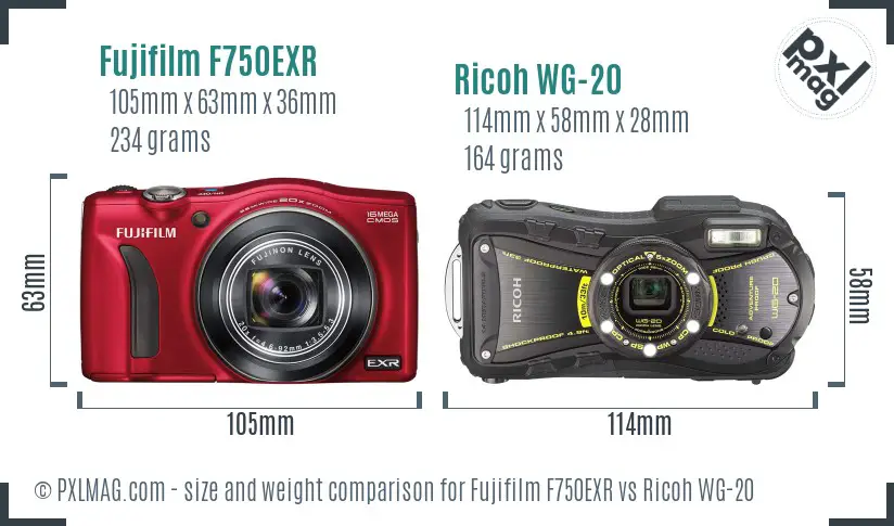 Fujifilm F750EXR vs Ricoh WG-20 size comparison