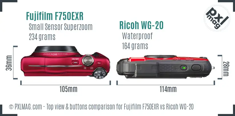 Fujifilm F750EXR vs Ricoh WG-20 top view buttons comparison