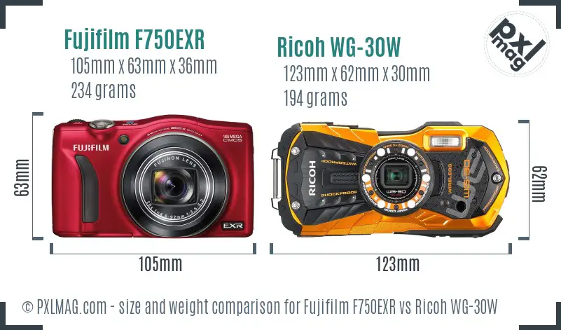 Fujifilm F750EXR vs Ricoh WG-30W size comparison