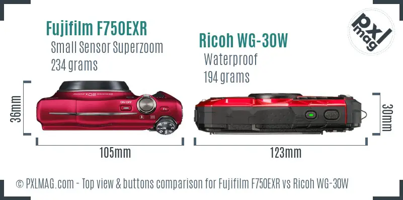 Fujifilm F750EXR vs Ricoh WG-30W top view buttons comparison