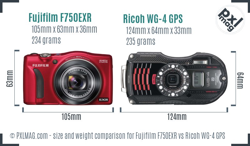 Fujifilm F750EXR vs Ricoh WG-4 GPS size comparison