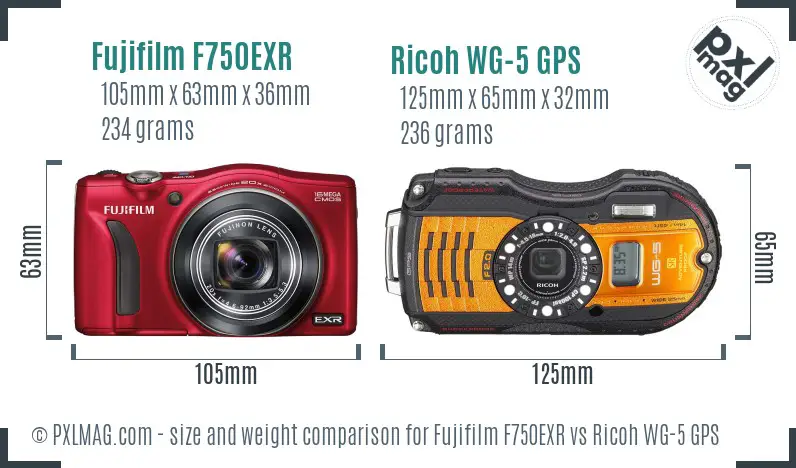 Fujifilm F750EXR vs Ricoh WG-5 GPS size comparison