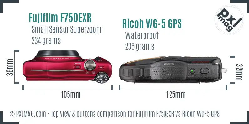 Fujifilm F750EXR vs Ricoh WG-5 GPS top view buttons comparison