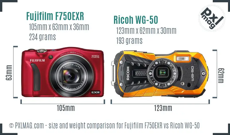 Fujifilm F750EXR vs Ricoh WG-50 size comparison Fujifilm F750EXR vs Ricoh WG-50 size comparison
