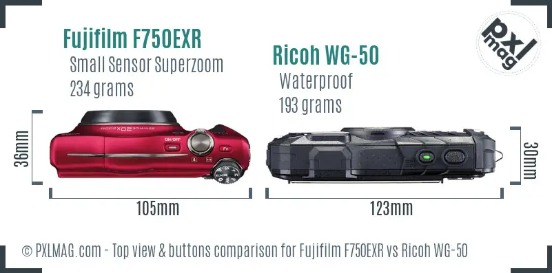 Fujifilm F750EXR vs Ricoh WG-50 top view buttons comparison Fujifilm F750EXR vs Ricoh WG-50 top view buttons comparison