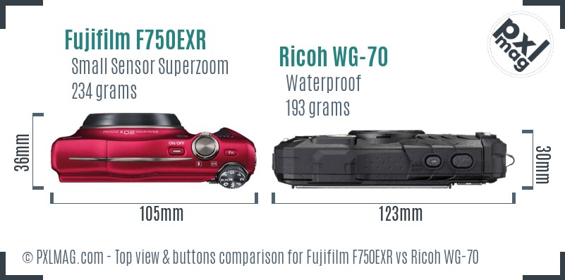 Fujifilm F750EXR vs Ricoh WG-70 top view buttons comparison