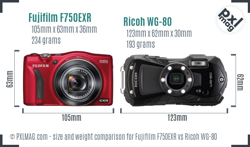 Fujifilm F750EXR vs Ricoh WG-80 size comparison