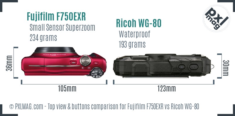 Fujifilm F750EXR vs Ricoh WG-80 top view buttons comparison
