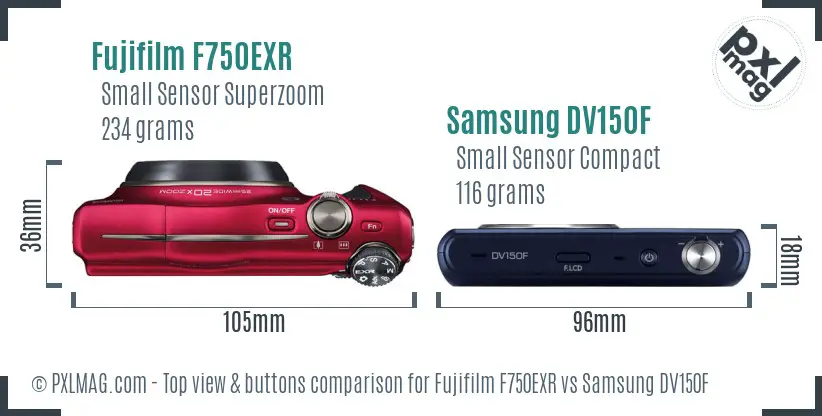 Fujifilm F750EXR vs Samsung DV150F top view buttons comparison