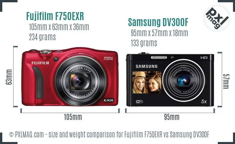 Fujifilm F750EXR vs Samsung DV300F size comparison