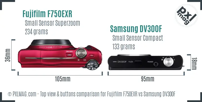 Fujifilm F750EXR vs Samsung DV300F top view buttons comparison