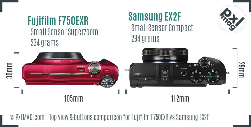 Fujifilm F750EXR vs Samsung EX2F top view buttons comparison