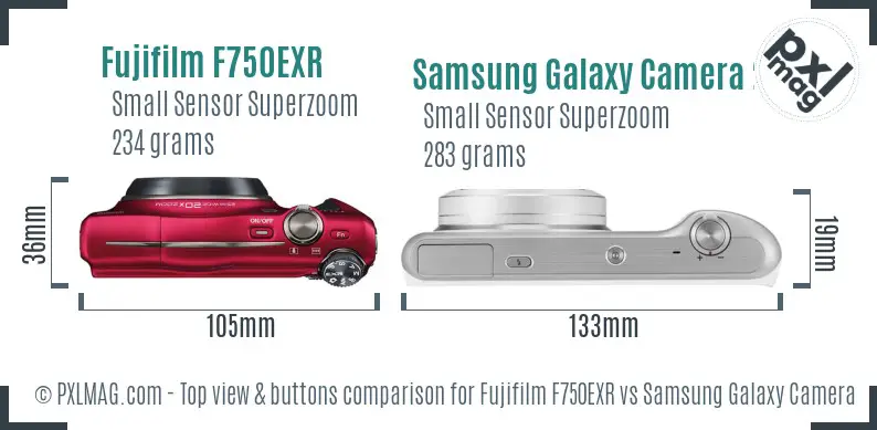 Fujifilm F750EXR vs Samsung Galaxy Camera 2 top view buttons comparison