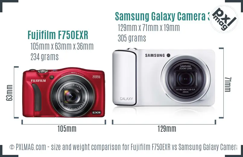 Fujifilm F750EXR vs Samsung Galaxy Camera 3G size comparison