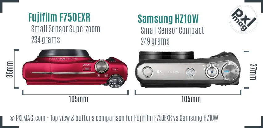 Fujifilm F750EXR vs Samsung HZ10W top view buttons comparison Fujifilm F750EXR vs Samsung HZ10W top view buttons comparison