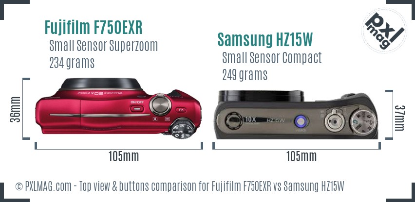 Fujifilm F750EXR vs Samsung HZ15W top view buttons comparison