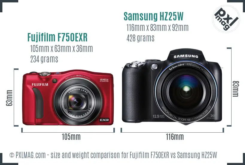 Fujifilm F750EXR vs Samsung HZ25W size comparison
