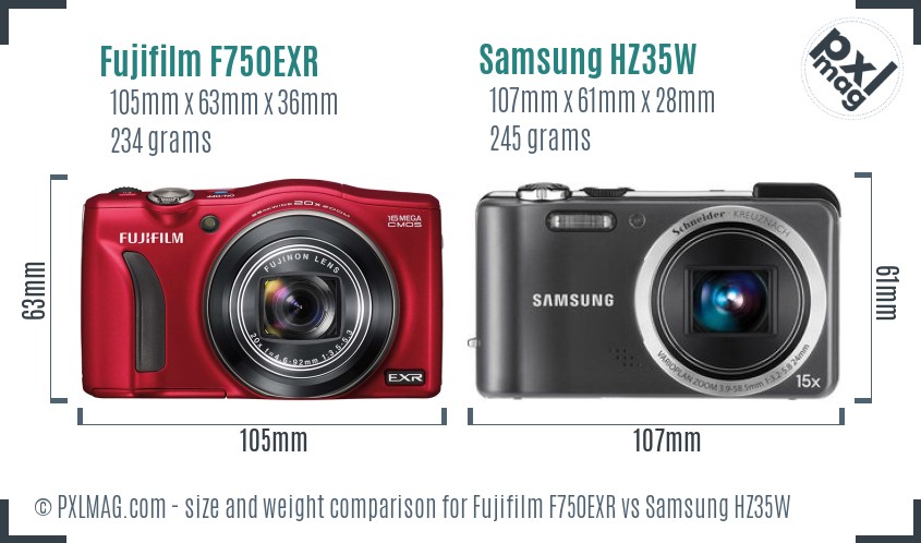 Fujifilm F750EXR vs Samsung HZ35W size comparison