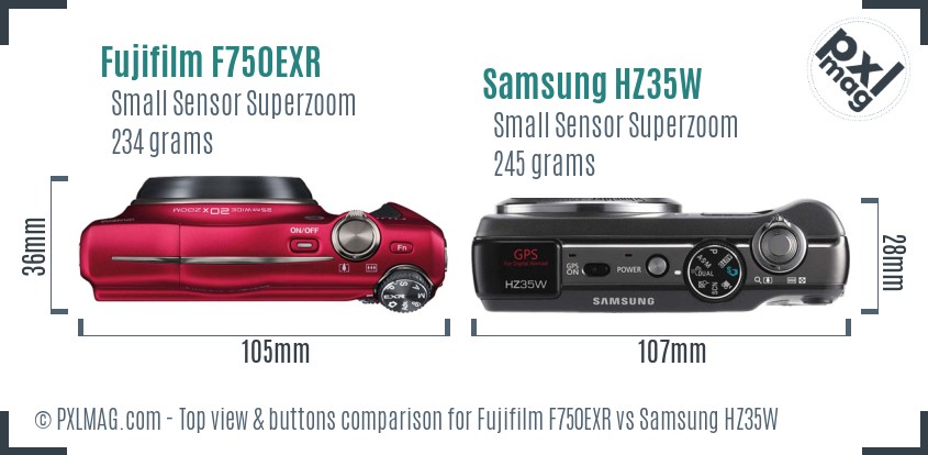 Fujifilm F750EXR vs Samsung HZ35W top view buttons comparison