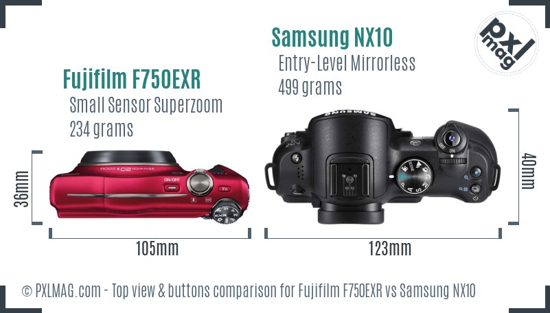 Fujifilm F750EXR vs Samsung NX10 top view buttons comparison