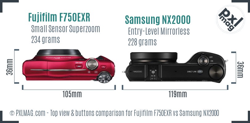 Fujifilm F750EXR vs Samsung NX2000 top view buttons comparison