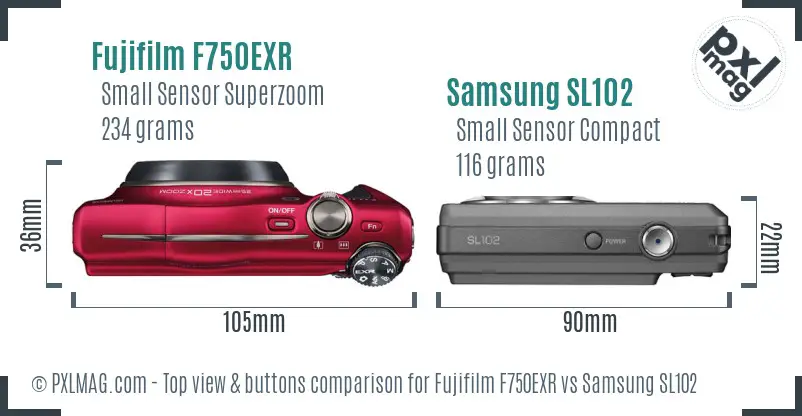 Fujifilm F750EXR vs Samsung SL102 top view buttons comparison