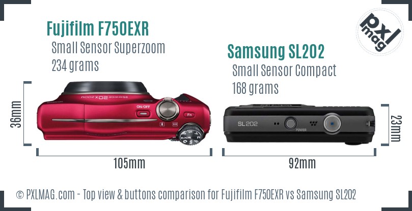 Fujifilm F750EXR vs Samsung SL202 top view buttons comparison