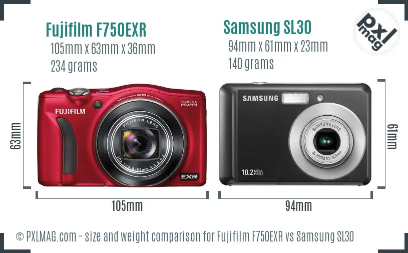 Fujifilm F750EXR vs Samsung SL30 size comparison