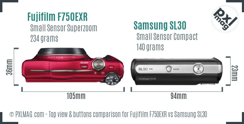 Fujifilm F750EXR vs Samsung SL30 top view buttons comparison