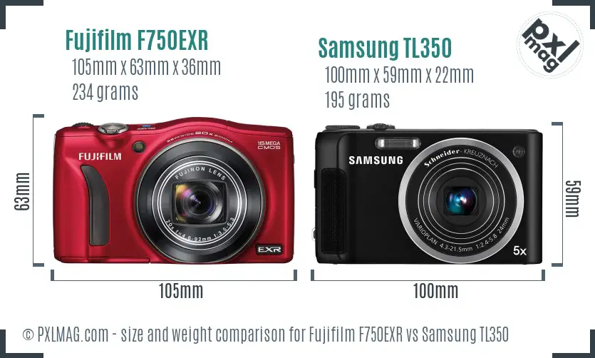 Fujifilm F750EXR vs Samsung TL350 size comparison