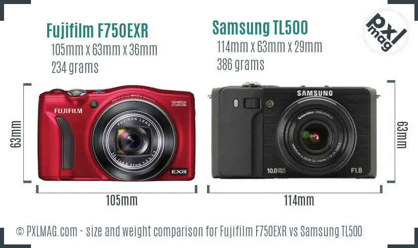 Fujifilm F750EXR vs Samsung TL500 size comparison