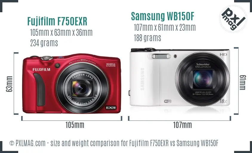 Fujifilm F750EXR vs Samsung WB150F size comparison
