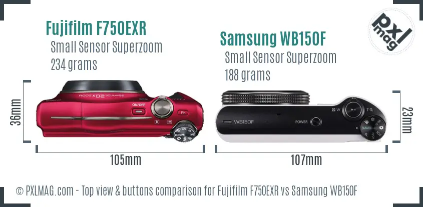 Fujifilm F750EXR vs Samsung WB150F top view buttons comparison