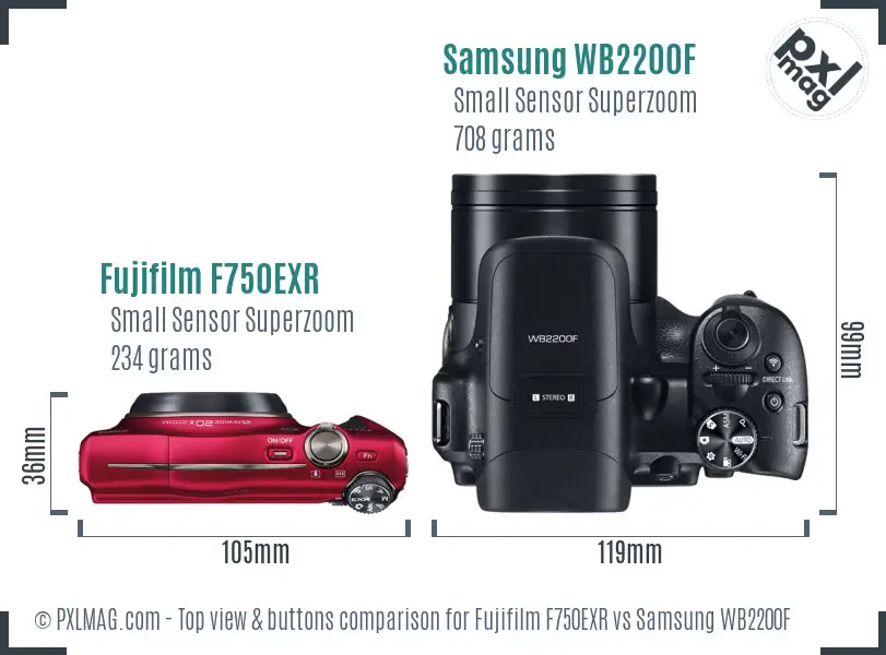 Fujifilm F750EXR vs Samsung WB2200F top view buttons comparison