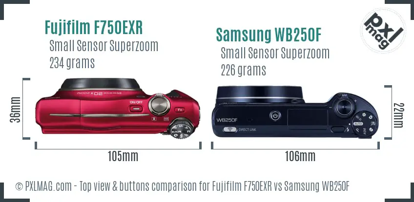 Fujifilm F750EXR vs Samsung WB250F top view buttons comparison