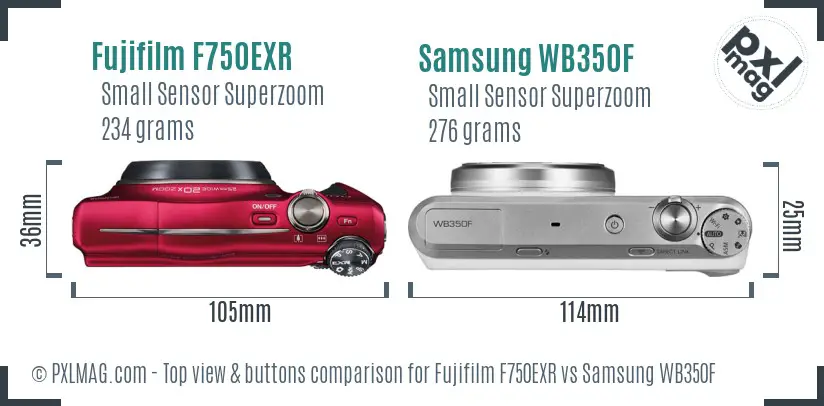 Fujifilm F750EXR vs Samsung WB350F top view buttons comparison Fujifilm F750EXR vs Samsung WB350F top view buttons comparison