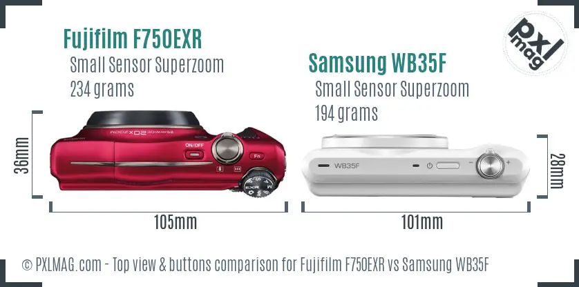 Fujifilm F750EXR vs Samsung WB35F top view buttons comparison Fujifilm F750EXR vs Samsung WB35F top view buttons comparison
