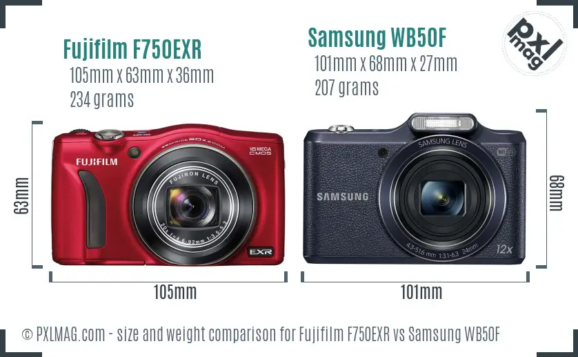Fujifilm F750EXR vs Samsung WB50F size comparison