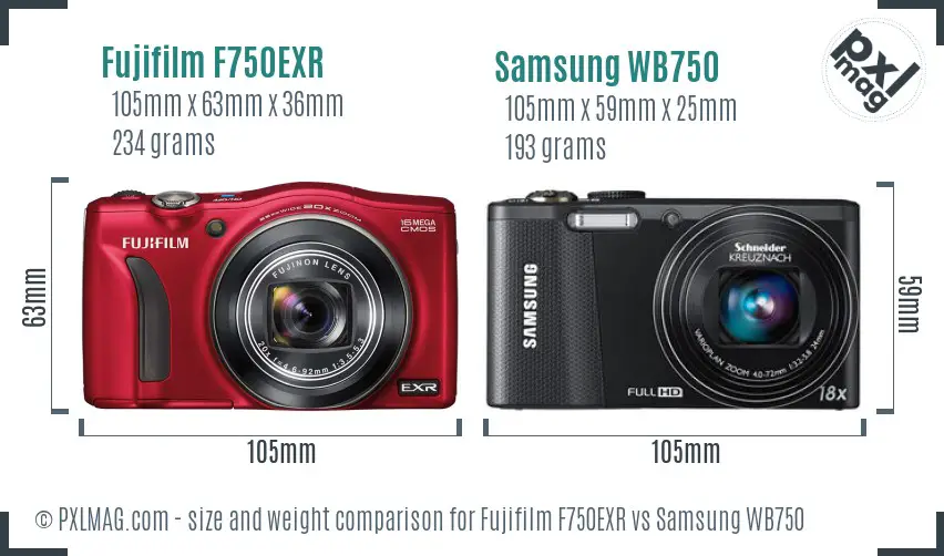 Fujifilm F750EXR vs Samsung WB750 size comparison