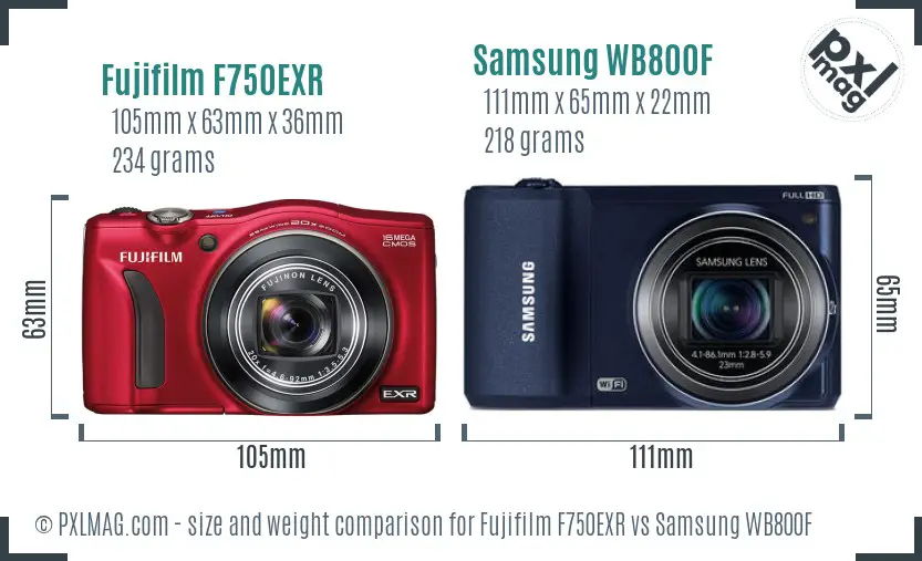 Fujifilm F750EXR vs Samsung WB800F size comparison