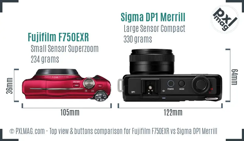 Fujifilm F750EXR vs Sigma DP1 Merrill top view buttons comparison