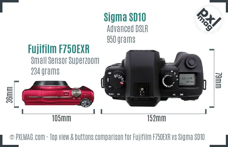 Fujifilm F750EXR vs Sigma SD10 top view buttons comparison