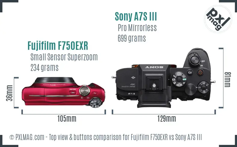 Fujifilm F750EXR vs Sony A7S III top view buttons comparison Fujifilm F750EXR vs Sony A7S III top view buttons comparison