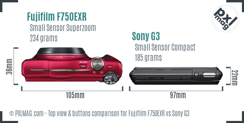 Fujifilm F750EXR vs Sony G3 top view buttons comparison