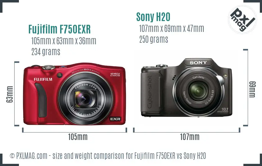 Fujifilm F750EXR vs Sony H20 size comparison