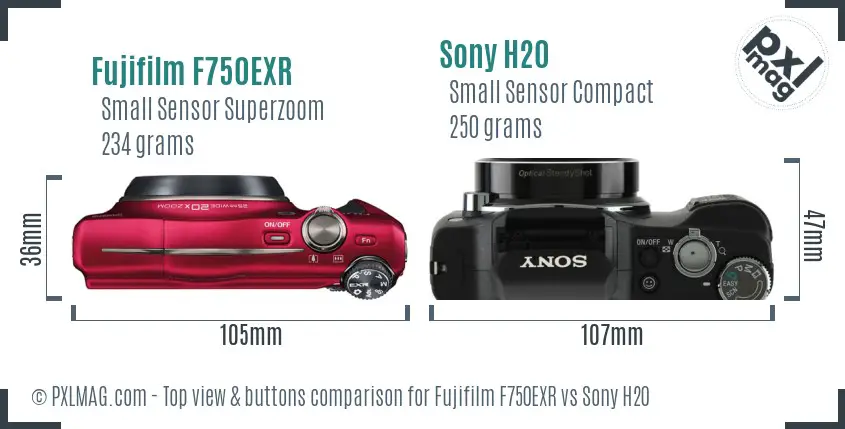 Fujifilm F750EXR vs Sony H20 top view buttons comparison
