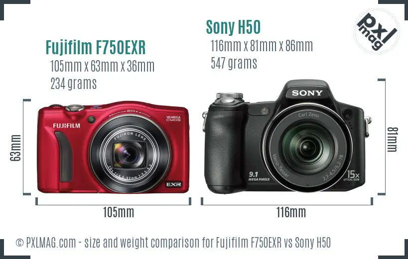 Fujifilm F750EXR vs Sony H50 size comparison