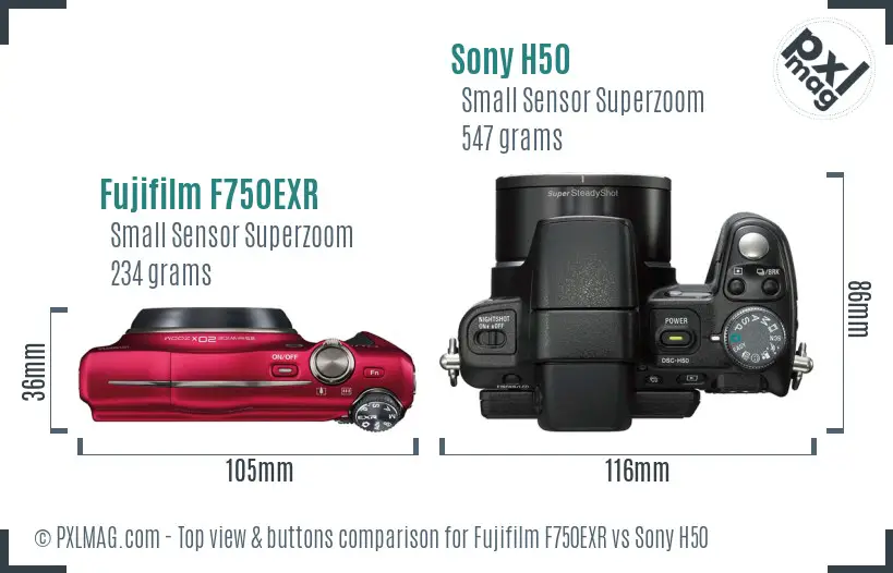 Fujifilm F750EXR vs Sony H50 top view buttons comparison