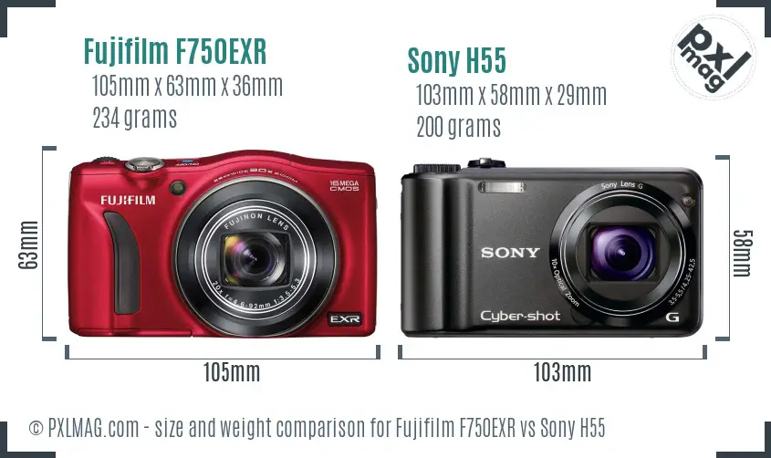 Fujifilm F750EXR vs Sony H55 size comparison