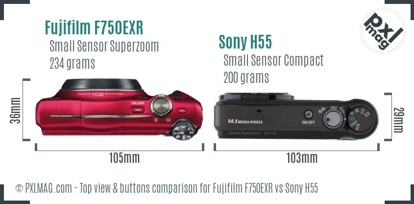 Fujifilm F750EXR vs Sony H55 top view buttons comparison